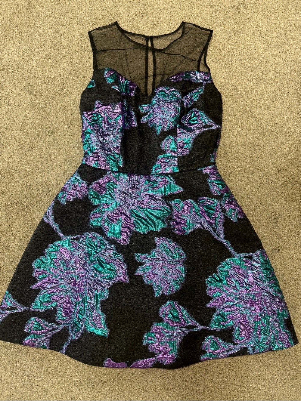 Dress the Population Black Mini Dress with Purple and Teal Floral Jacquard